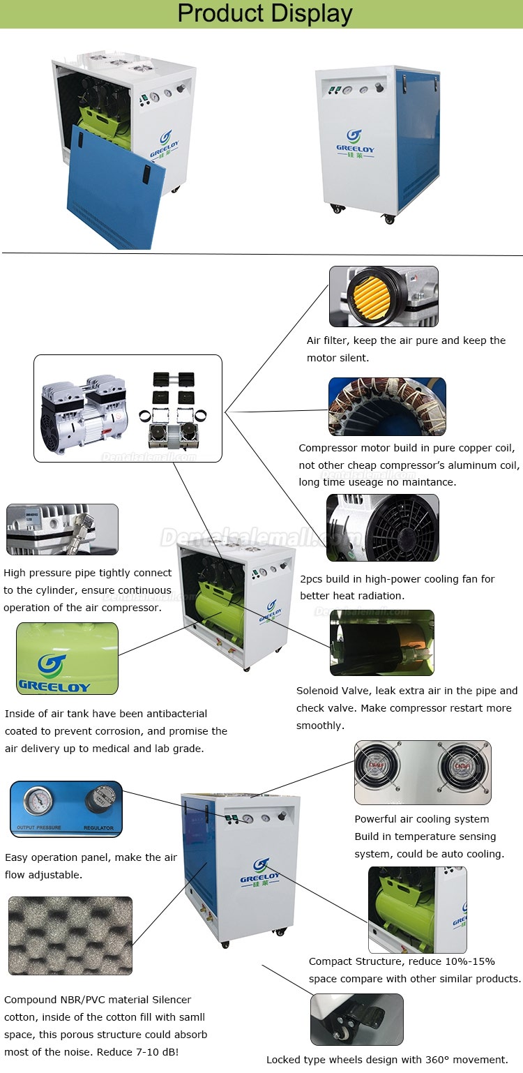 Greeloy® GA-82X Dental Oilless Air Compressor Oil Free With Silent Cabinet